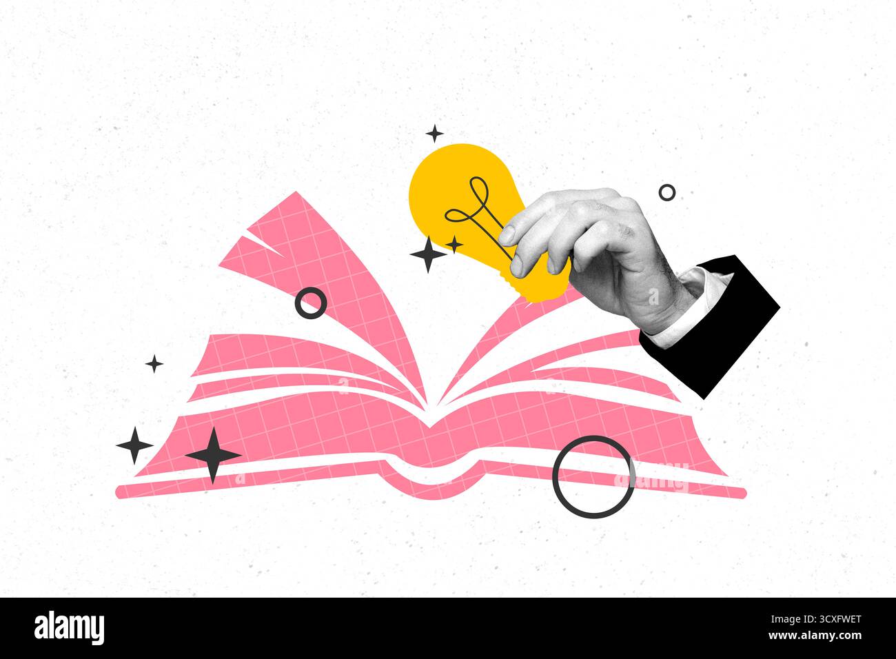Artwork Sketch Banner volle 3D Collage der menschlichen Hand halten Glühbirne Idee Suche Buch Enzyklopädie Leser Plan Literatur Stockfoto