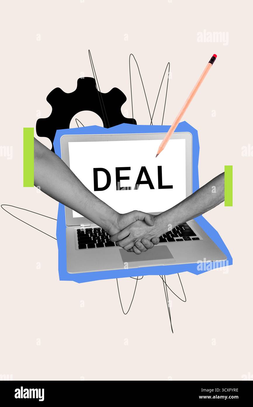 Trend Artwork Vorlage Design 3D Collage Skizze des Arbeitgebers Handshake Erfolg Partnerschaft Laptop Deal Bleistiftausrüstung korrekter Erfolg bestätigen Stockfoto