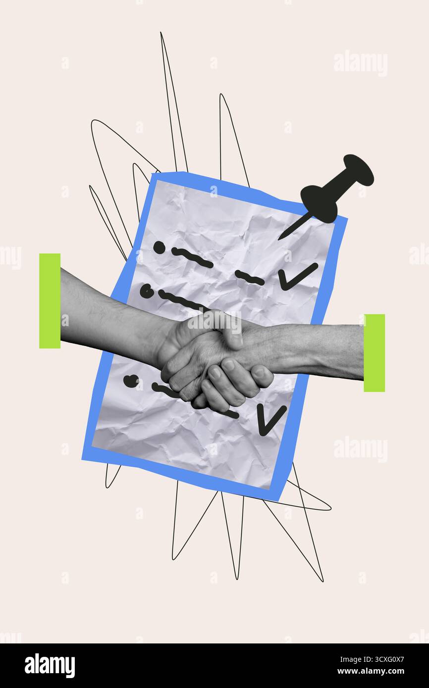 Composite 3D Collage Trend Artwork Design von Job Recruiter Einstellung Entwicklung Partnerschaft offene Stelle Hand halten Unity Dokument Pin Stockfoto