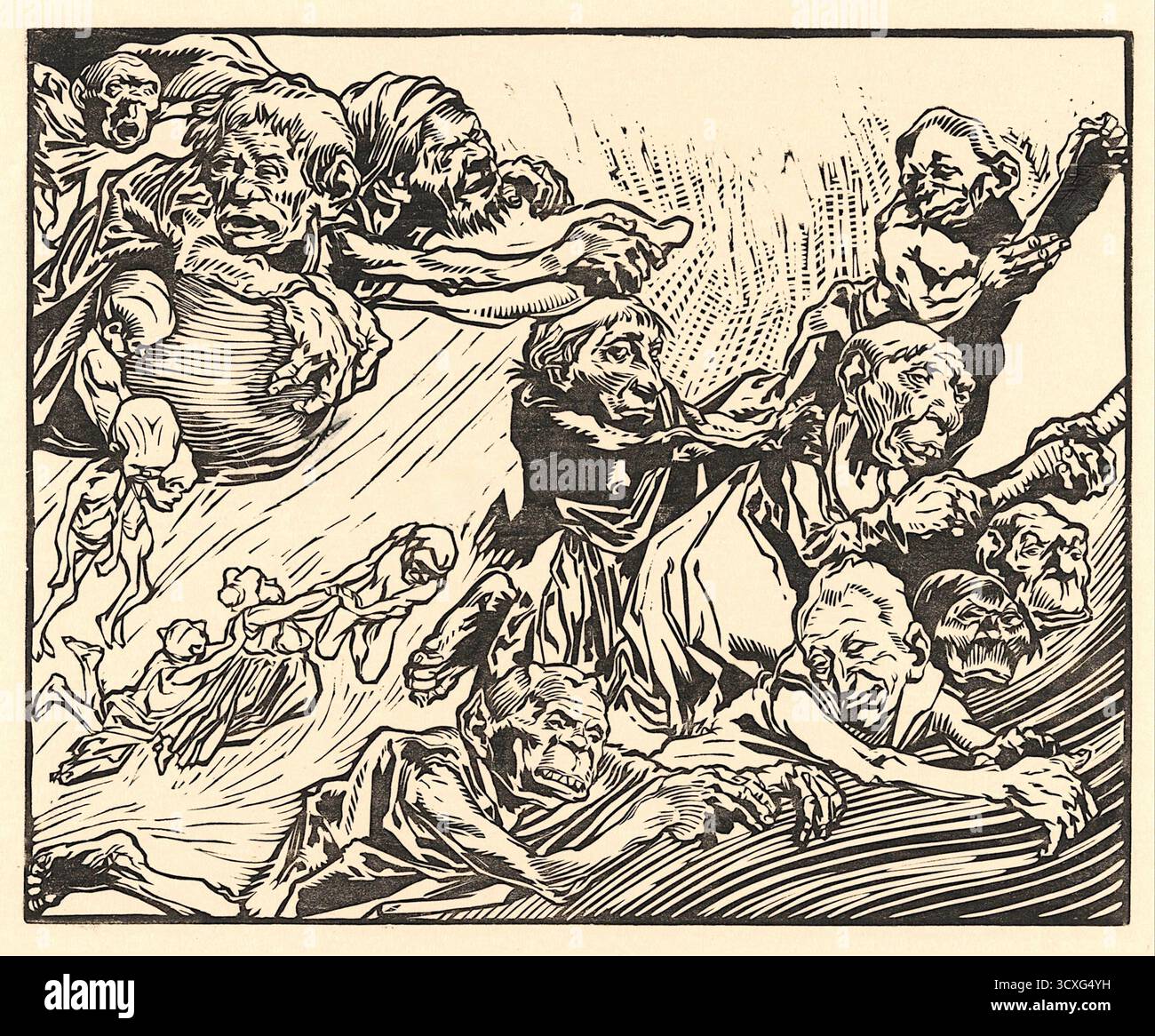 Johannes Josephus Aarts (Niederländisch, 1871–1934) – Floating Fantasy Creatures – entstand zwischen 1920-1930 und zeigt eine Gruppe grotesker, verdrehter Figuren, die in der Luft schweben oder kämpfen. Der Stil zeichnet sich durch starke Linien, dynamische Kompositionen und eine dramatische Verwendung von Licht und Schatten aus, die typisch für Aarts' Grafikkunst ist. Seine Arbeit beschäftigt sich häufig mit Themen der Spiritualität, der Mythologie und der menschlichen Psyche Stockfoto