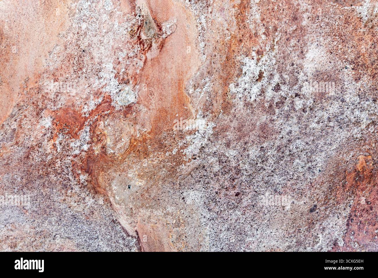 Nahaufnahme einer zerklüfteten Felsoberfläche mit Rost-Orange-Tönen, weißen Mineral-Flecken und gesprenkelten Texturen. Ideal für natürliche Hintergründe, Geologie und Stockfoto