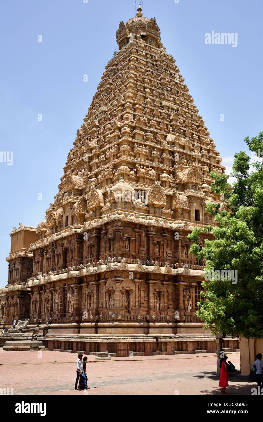 Blick von hinten rechts auf den Haupttempelturm (Vimana) des Brihadisvara-Komplexes in Thanjavur, Tamil Nadu, Indien, ein UNESCO-Weltkulturerbe von Chola. Stockfoto
