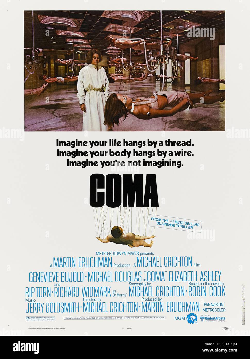 Coma (1978) von Michael Crichton mit Geneviève Bujold, Michael Douglas und Richard Widmark. Ein junger Arzt untersucht mysteriöse Komas unter Patienten in einem Krankenhaus und entdeckt eine finstere Verschwörung. Foto eines Original-Posters aus dem Jahr 1978 (USA), das NUR FÜR REDAKTIONELLE ZWECKE VERWENDET WIRD. Quelle: BFA / United Artists Stockfoto
