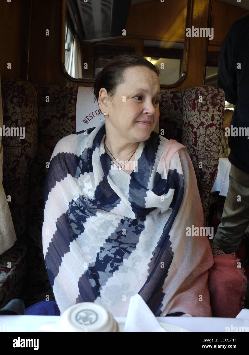 Frau, die eine Luxuszugfahrt in einem Kutscher der ersten Klasse genießt Stockfoto