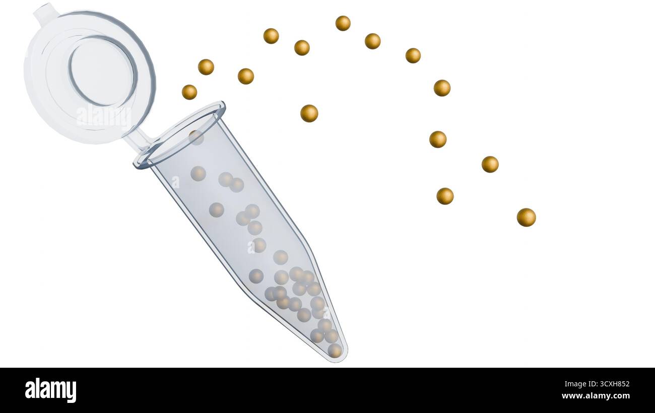 Eine 3D-Abbildung eines Gold-Nanopartikel-Reagenzes in Mikrozentrifugenröhrchen. Es wird als hochauflösende Sonde oder Etikett in biologischen und medizinischen Anwendungen verwendet Stockfoto