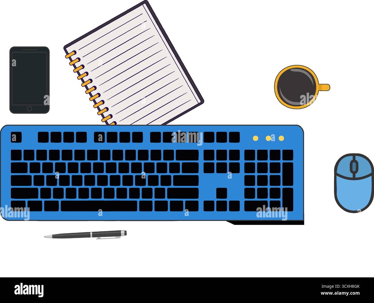 Flache Illustration mit blauer Tastatur, blauer Maus, spiralförmigem Notizbuch mit linierten Seiten, Smartphone, Kaffeetasse und Stift auf weißem Hintergrund. Stock Vektor