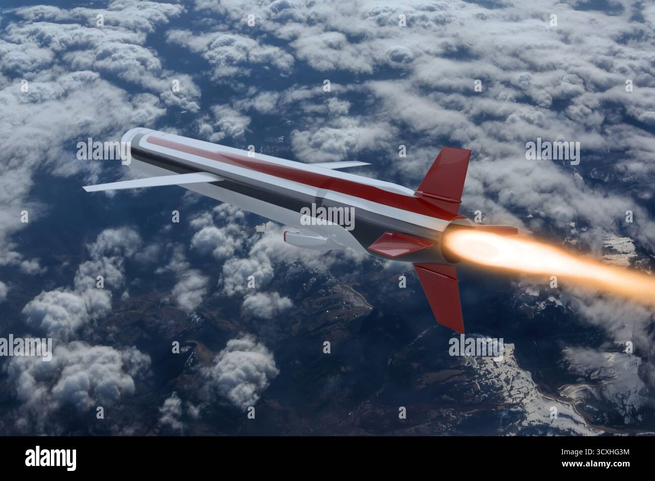 Eine Cruise-Rakete bewegt sich mit hoher Geschwindigkeit in der Atmosphäre. Stockfoto
