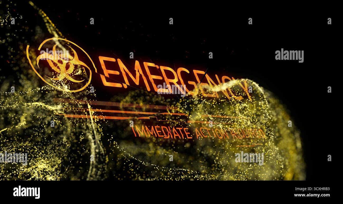 Anzeige des gelben Symbols für biologische Gefahrenstoffe NOTFALL- und SOFORTMASSNAHMEN ERFORDERLICH im Leerraum, Partikel wirbeln Stockfoto