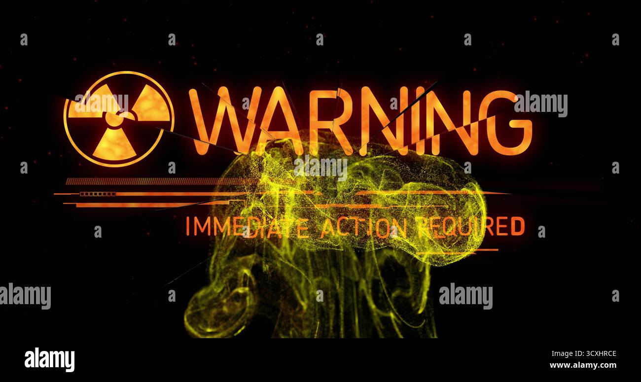 Anzeige des Strahlungssymbols mit Warnschild und Datenleiste auf dunklem Bildschirm, mit Rauch und Glut Stockfoto
