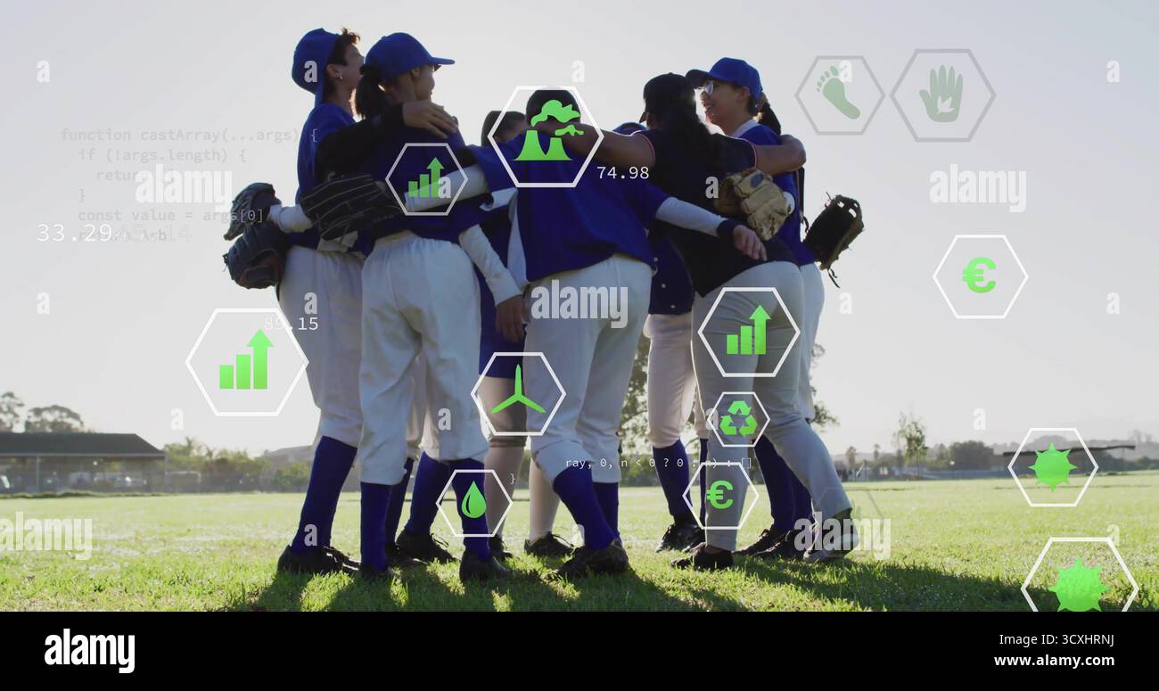Baseballspieler, die sich auf dem Baseballfeld tummeln, Handschuhe halten und Trikots mit blauen Kappen tragen Stockfoto