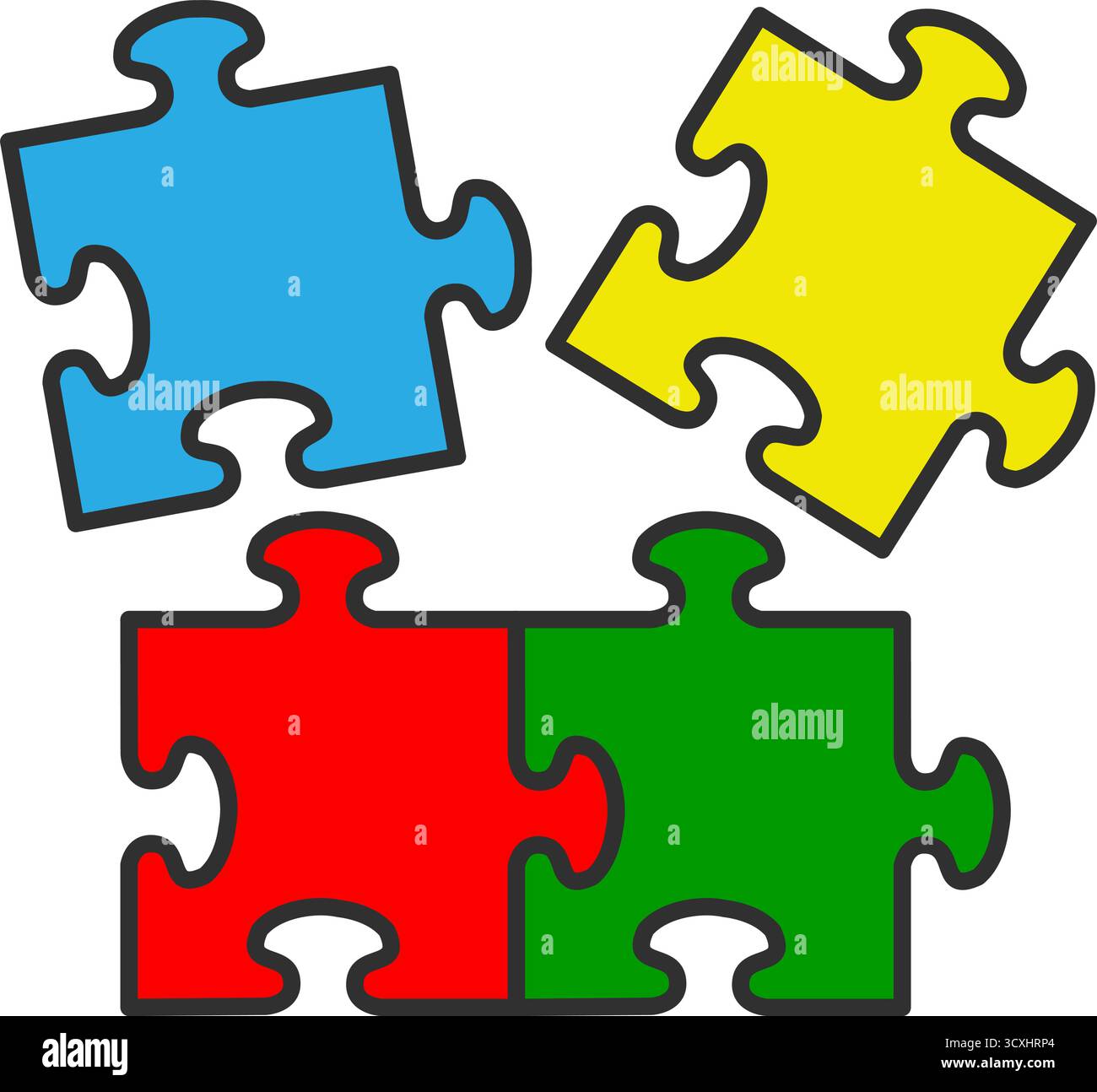 Vier ineinander greifende Puzzleteile in Blau, Gelb, Rot und Grün sind auf weißem Hintergrund dargestellt. Die Stücke sind schwarz umrandet, mit drei Stock Vektor Vier ineinander greifende Puzzleteile in Blau, Gelb, Rot und Grün sind auf weißem Hintergrund dargestellt. Die Stücke sind schwarz umrandet, mit drei Stock Vektor