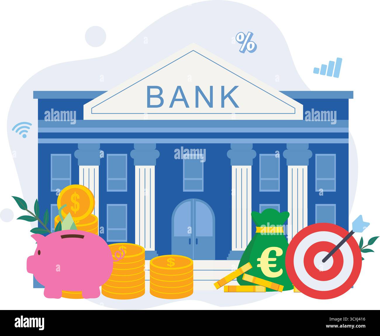 Vektor flachbild Illustration, Bank Gebäude auf einem weißen Hintergrund, Finanzierung durch die Bank, Geldwechsel, Finanzdienstleistungen, Geldautomaten, Geld zu geben Stock Vektor