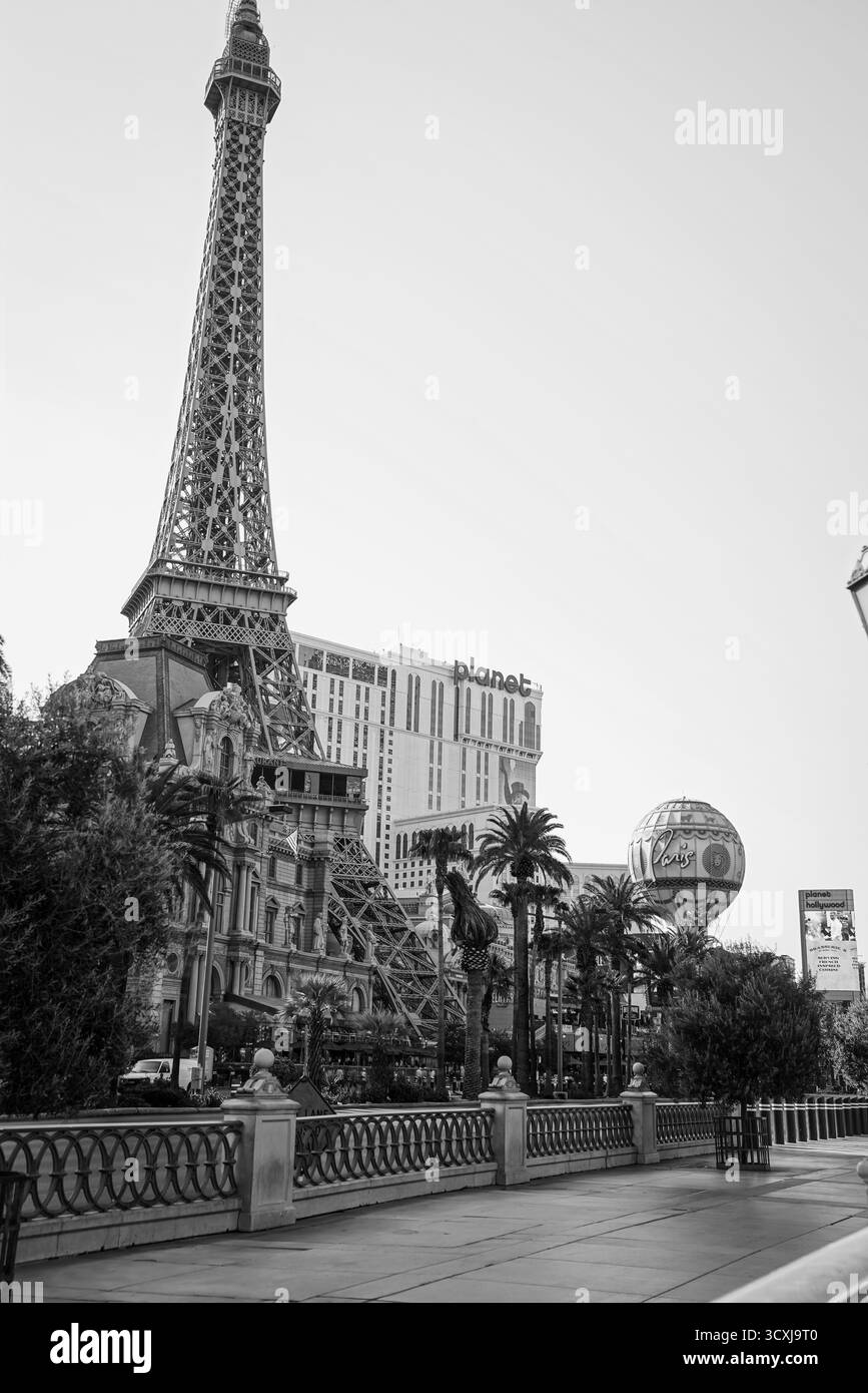 Schwarzweißfoto des Eiffelturms in Paris Las Vegas und der umliegenden Palmen entlang des Strip Stockfoto