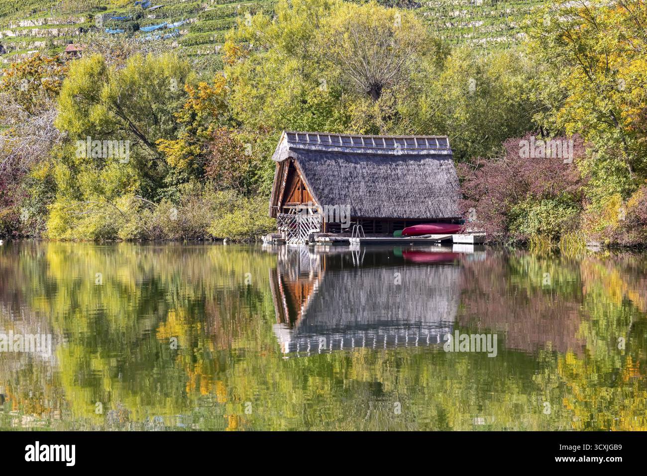 Bootshaus am Max-Eyth-See im Herbst mit farbenfrohen Blättern. Stuttgart, Baden-Württemberg, Deutschland Stockfoto