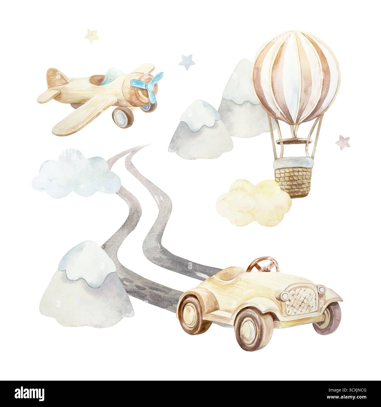 Holzauto, Straße, Heißluftballon, Flugzeug, Berge. Handgezeichnete Aquarellillustration isoliert. Pastell-Clip-Art für Geburtstagskarten, Babydusche Stockfoto