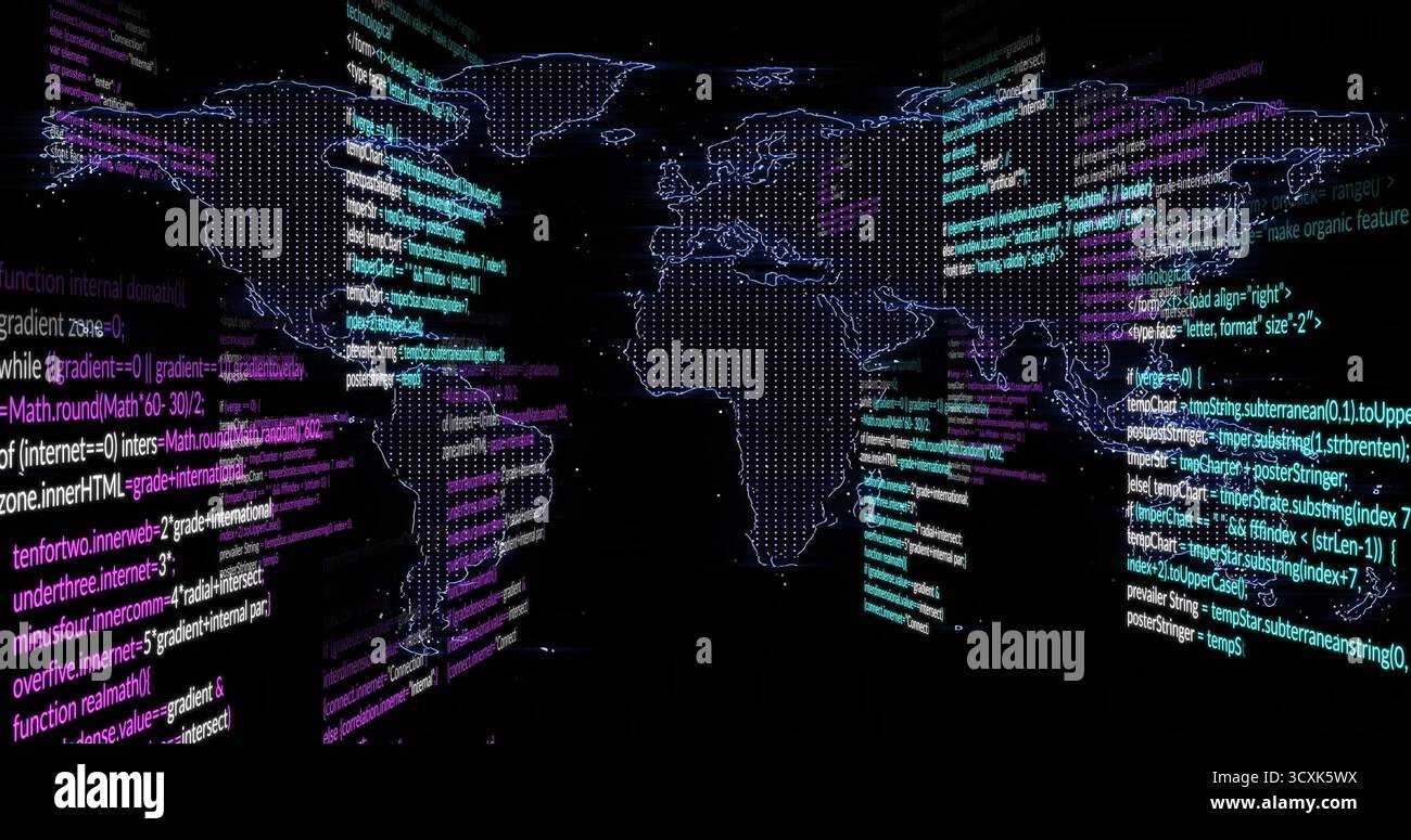 Anzeige der gepunkteten Weltkartenprojektion auf dem Cyberspace-Dashboard mit frei beweglichen Codefeldern Stockfoto