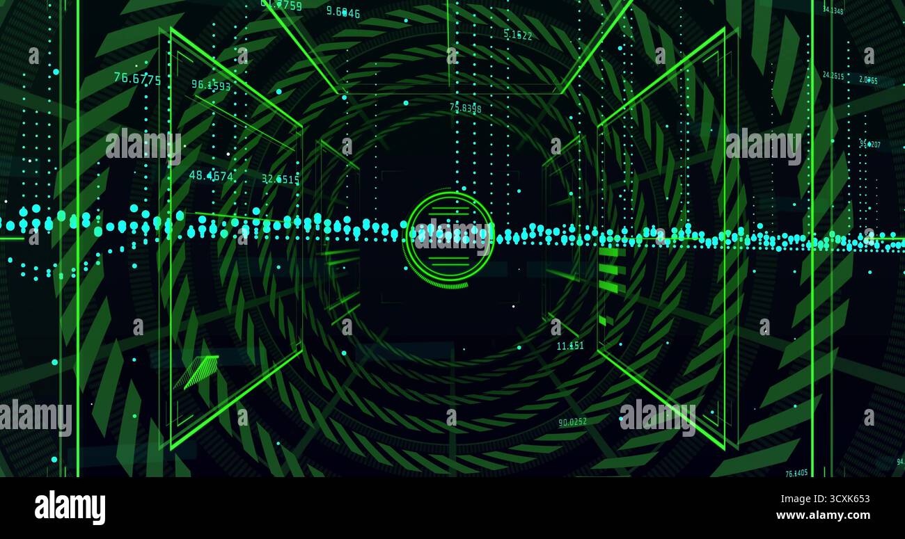 Rotierender grüner Kreis, der sich im Datentunnel dreht, mit türkisfarbenem Stream, Neon-Polygonrahmen Stockfoto