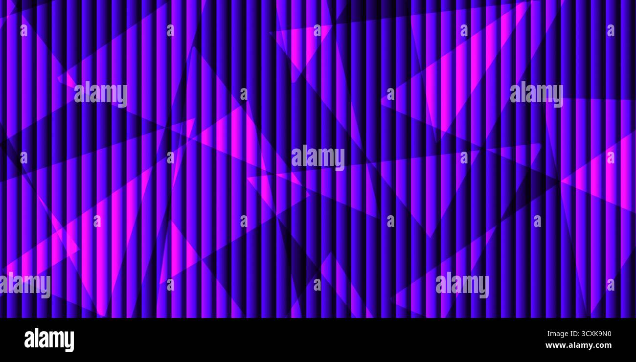 Abstrakter digitaler Hintergrund unterschiedliche sich überschneidende geometrische Dreiecksmuster, alle in auffälligen Tönen elektrisches Lila gerendert. Vordergrundmerkmale Stron Stockfoto