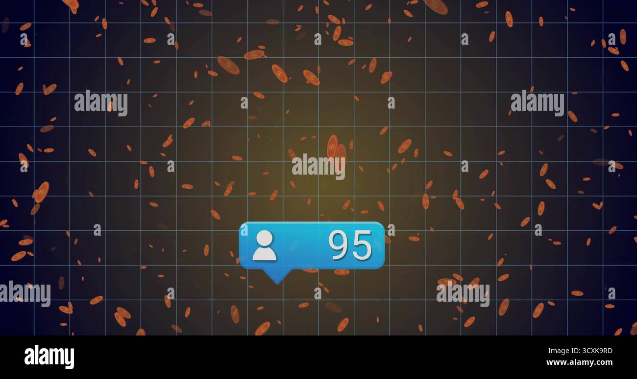 Schwebende blaue Benachrichtigungsblase mit dem Benutzersymbol und der Zahl 95 über dem Raster, mit orangefarbenen Partikeln Stockfoto