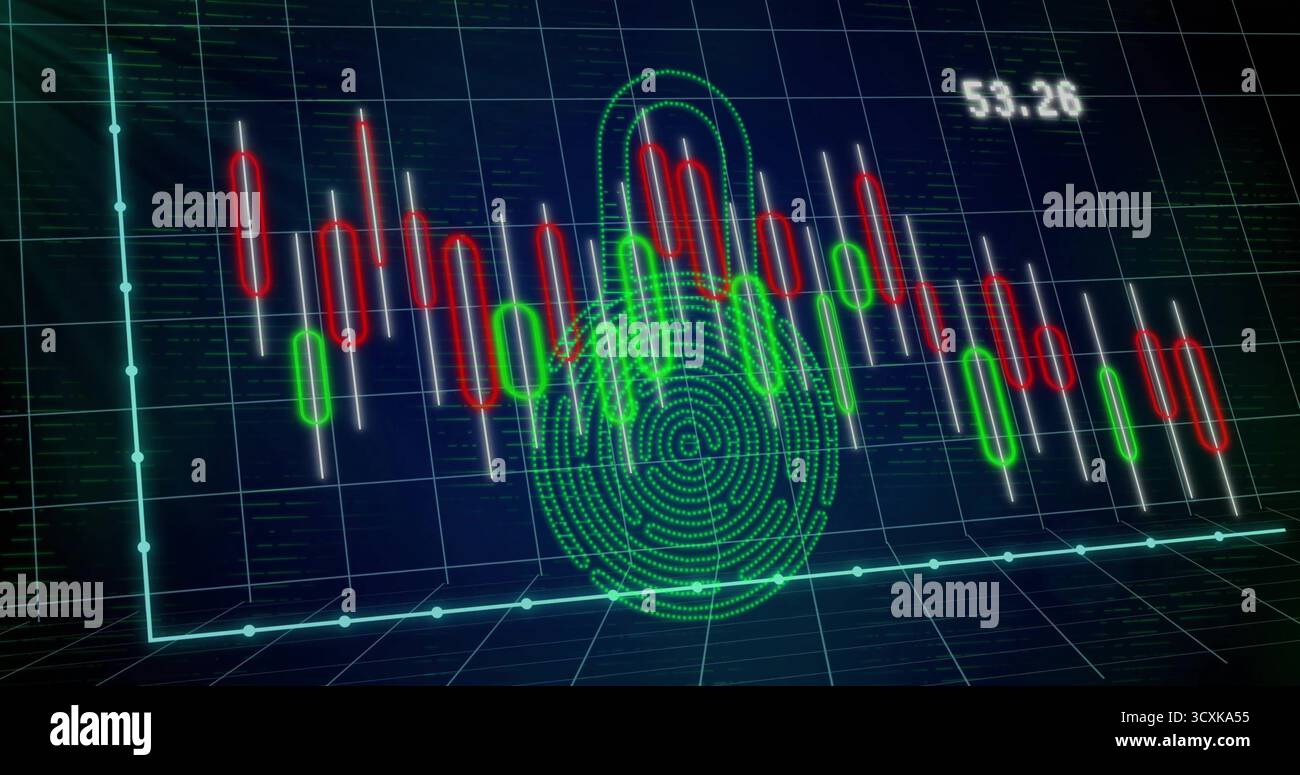 Anzeige der neongrünen Fingerprint-Sperre über 3D-Raster mit rot-grünen Kerzenleuchtern und Beschriftung 53 Stockfoto