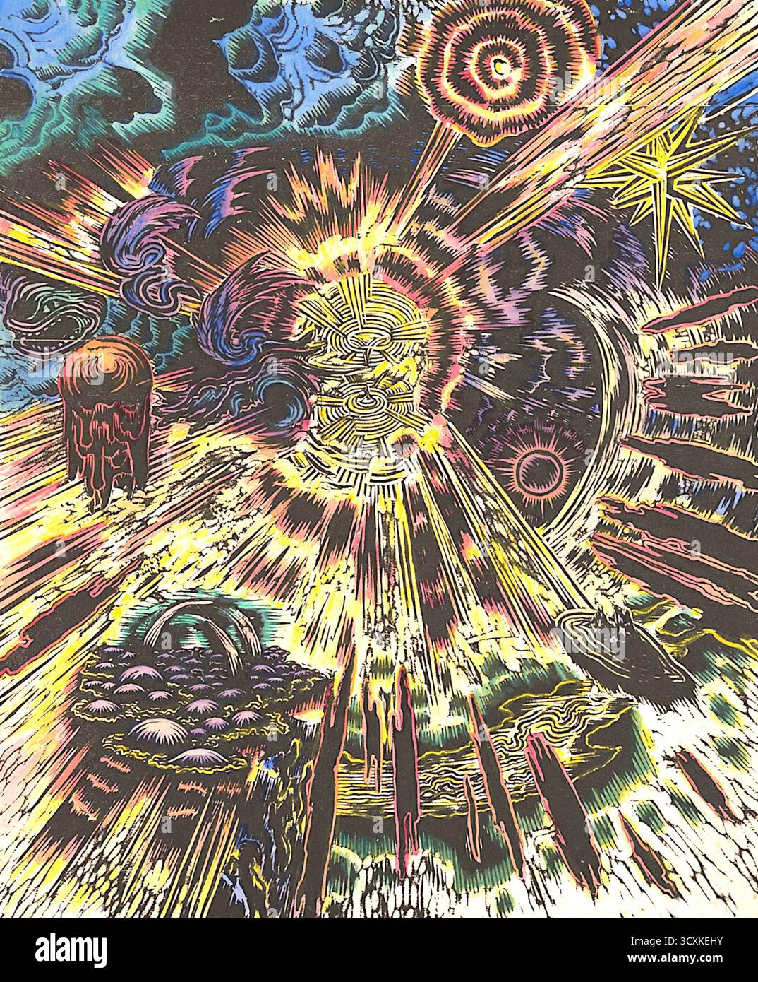 Gustav Wolf - der eine - (1919) - eine detaillierte Illustration mit einem psychedelischen und kosmischen Thema. Das Kunstwerk zeichnet sich durch ein kompliziertes, farbenfrohes Design aus, das sich durch ein überwältigendes Licht und eine Mischung aus organischen und geometrischen Formen auszeichnet. Der Stil verwendet helle, wirbelnde und vollspektrale Farbmuster, um ein psychedelisches Erlebnis hervorzurufen oder zu verbessern. Die wichtigsten Elemente des Bildes sind: Ein zentraler Ausbruch von strahlendem Licht mit einem komplexen, wirbelnden Muster, das auf ein kosmisches oder explosives Ereignis hindeutet. Verschiedene organische Formen, die pflanzlichen oder biologischen Formen ähneln. Stockfoto