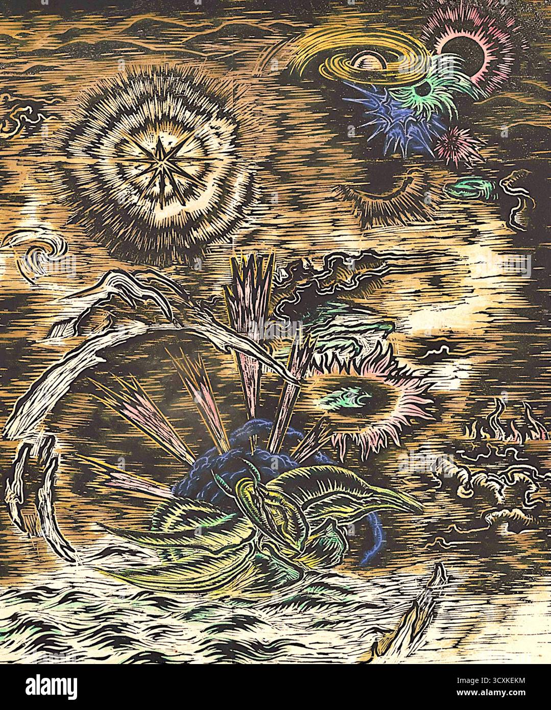 Gustav Wolf - The Wandering One (1919) - das Bild ist ein stilisierter, holzschnittartiger Druck mit dunklem, strukturiertem Hintergrund. Er weist mehrere abstrakte, himmlische oder explosive Formen auf. Links oben ist ein großer, sternartiger Bruch mit strahlenden Linien dargestellt. Oben rechts befindet sich eine kometenähnliche Form mit kleineren, bunten Explosionen. Der mittlere und untere Teil des Bildes wird von einer großen, stacheligen, pflanzenartigen oder explosiven Form mit dunklem Kern und zahlreichen strahlenden Linien dominiert, die vor einem welligen, wasserartigen Vordergrund stehen. Stockfoto