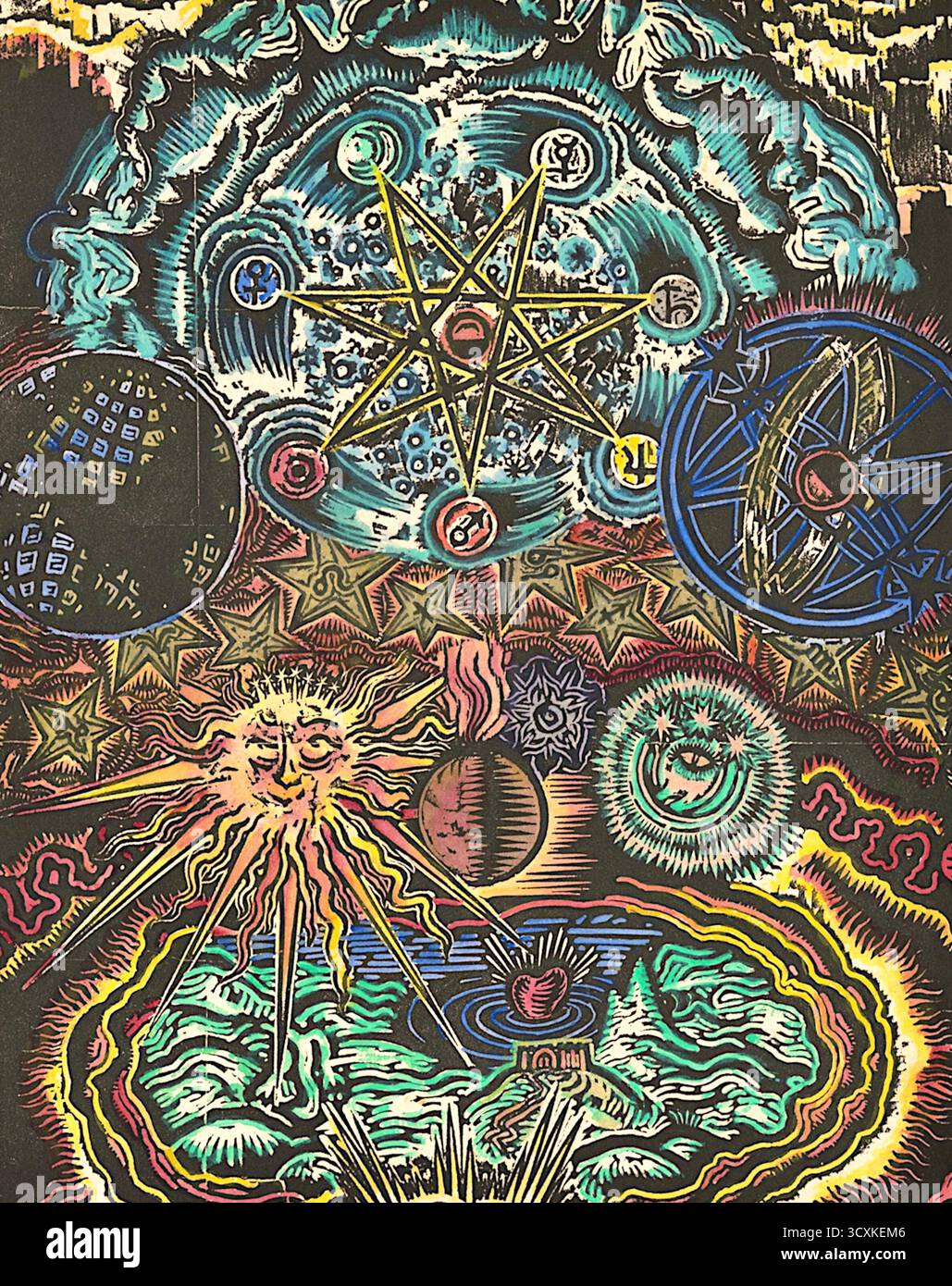 Gustav Wolf - Weltbild - (1919) - die Illustration ist in einem esoterischen oder okkulten Kunststil, oft gekennzeichnet durch lebhaften, komplizierten Symbolismus und mystischen Themen. Dieser Stil wird häufig verwendet, um verborgene spirituelle Bedeutungen oder Konzepte zu repräsentieren, die mit Praktiken wie Alchemie, Astrologie und Mystik zusammenhängen. Verschiedene Himmelskörper, wie die Sonne mit Gesicht, Planeten und Monde, die gemeinsame Motive in esoterischer und astrologischer Kunst sind, um verschiedene kosmische Kräfte und spirituelle Wahrheiten darzustellen. Stockfoto