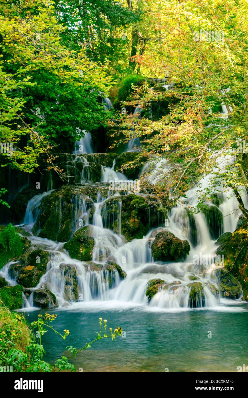 Wunderschöner mehrstöckiger Wasserfall, der über moosige Steine im sauberen Bergwald fließt Stockfoto
