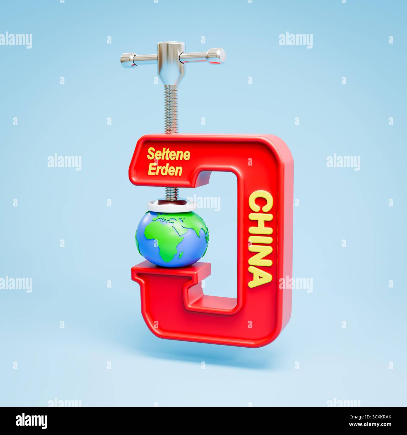 Konzept: China beschränkt den Zugang zu seltenen Erden. Exportbeschränkung für Seltenerdmetalle in China. Die Welt unter Druck im Schraubstock Stockfoto