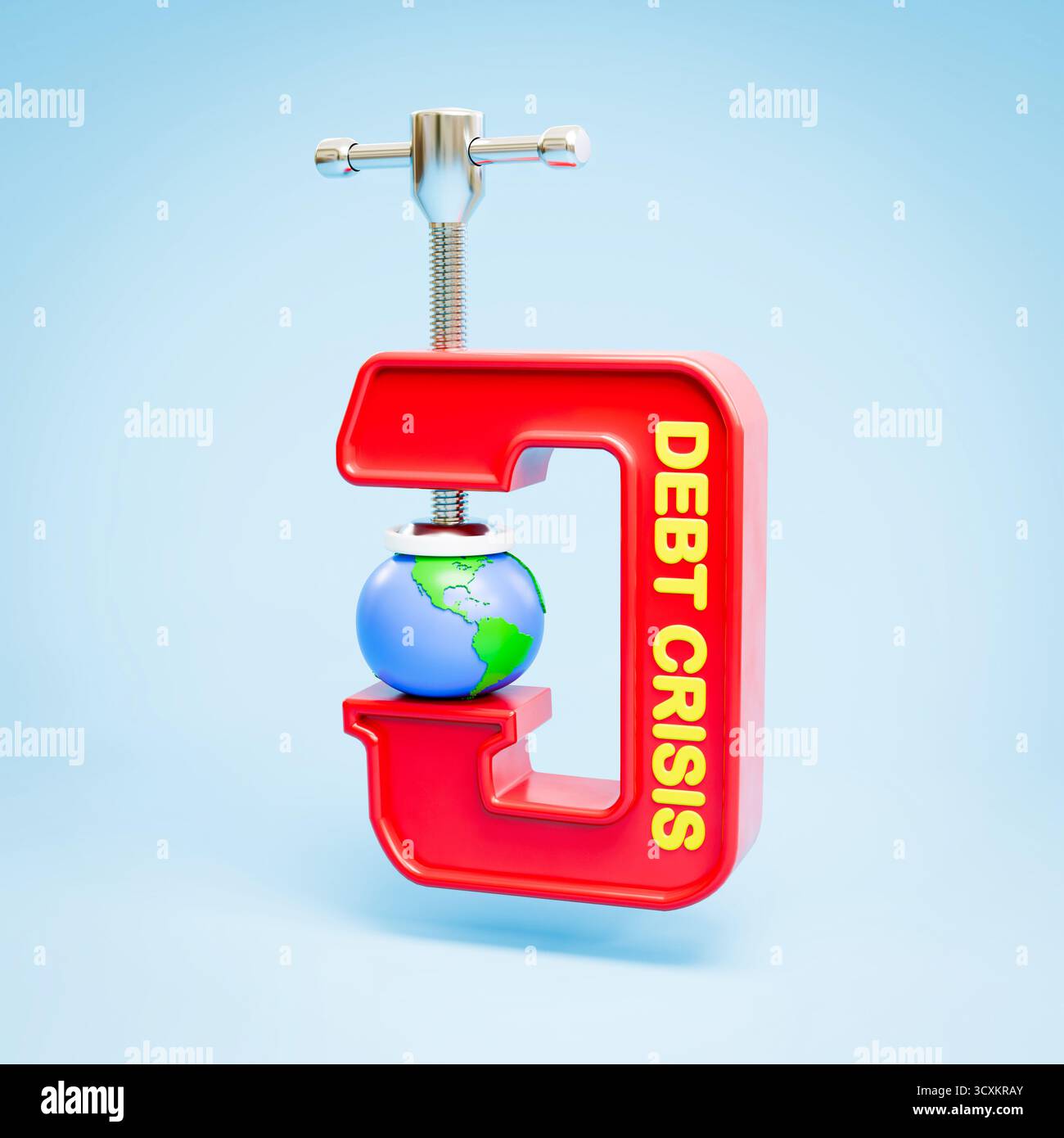 Konzept: Globale Schuldenkrise. Die Welt steht unter Druck in einem Schraubstock mit dem Text "Schuldenkrise". Stockfoto