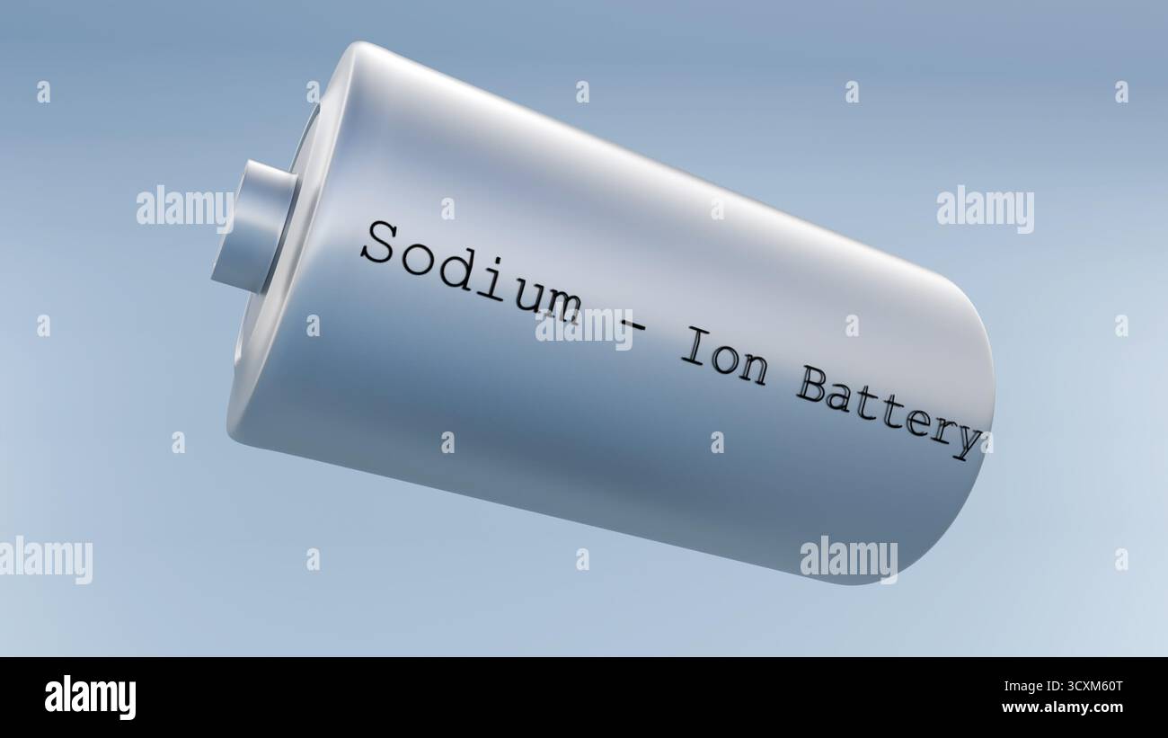 Eine zylindrische Batteriezelle mit 3D-gerendertem Bild in Metallic-Silber mit der Beschriftung „Natrium-Ionen-Batterie“ an der Seite. Stockfoto
