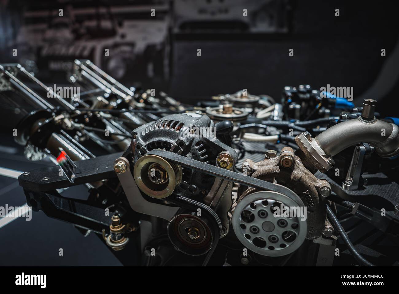 Nahaufnahme freiliegender Kraftfahrzeugantrieb im Toyota Museum in Japan Stockfoto