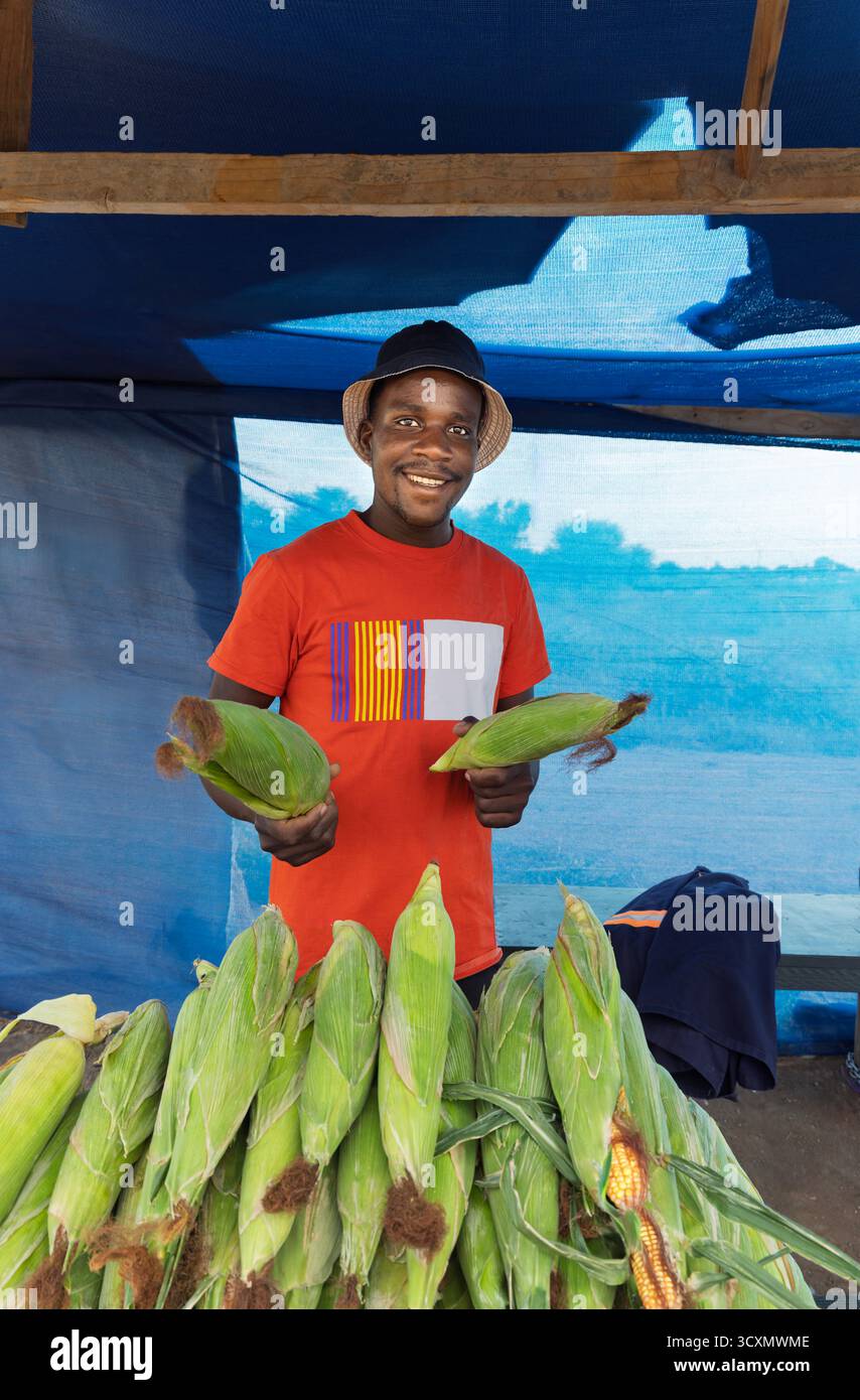 afrikanischer Straßenverkäufer, der Mais verkauft, am Straßenrand in einer Hütte, grüner Zuckermais, Stockfoto