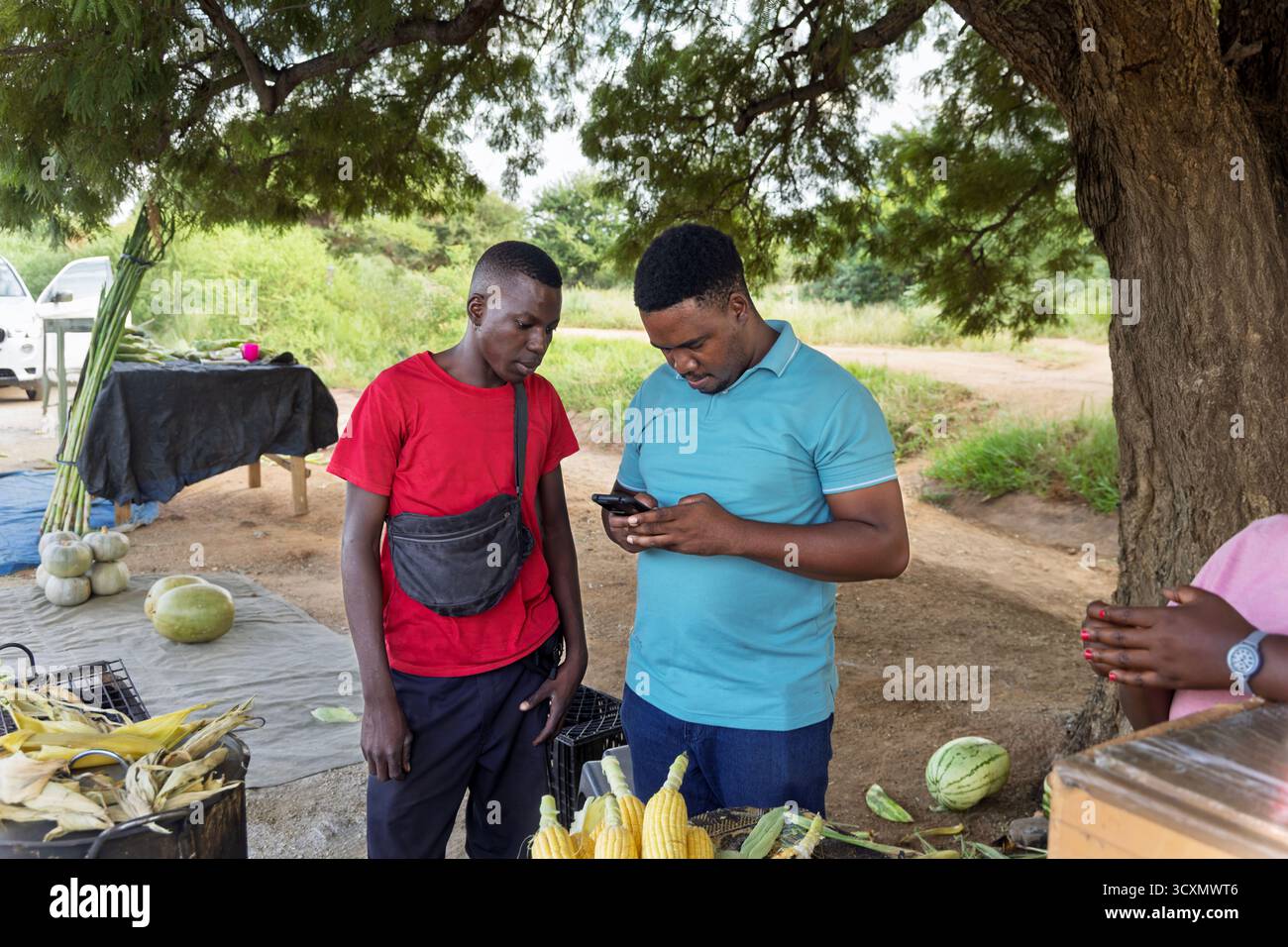 afrikanischer Straßenverkäufer, der Mais verkauft, am Straßenrand, Käufer am Telefon, grüner Zuckermais, Stockfoto