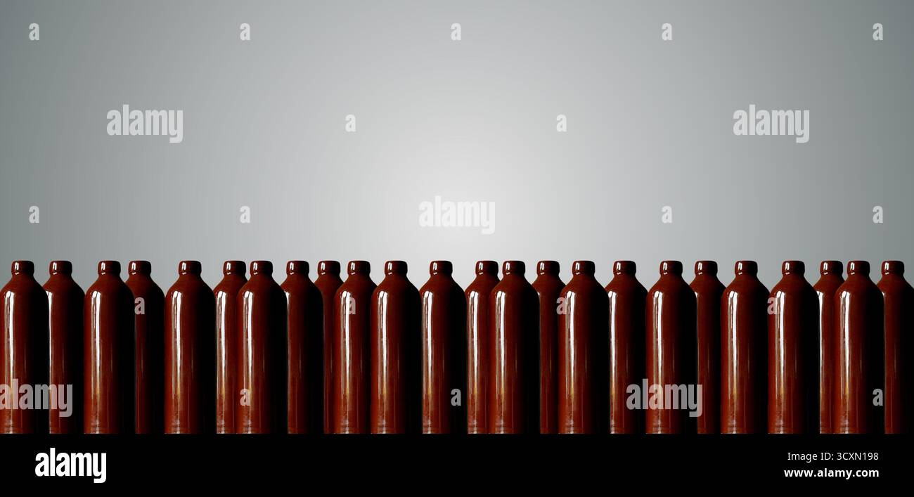 Leere Flaschenbanner-Komposition, Flaschenmuster, konzeptionelle Hintergrundbilder für Getränke. Glänzende braune Tonflaschen, Alkoholflaschen, Vintage-Flaschentapete Stockfoto