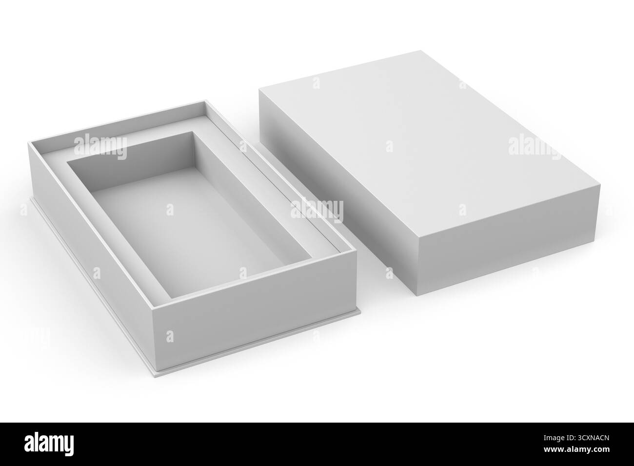 Weiße Geschenkbox auf weißem Hintergrund. Isolierte 3D-Darstellung Stockfoto