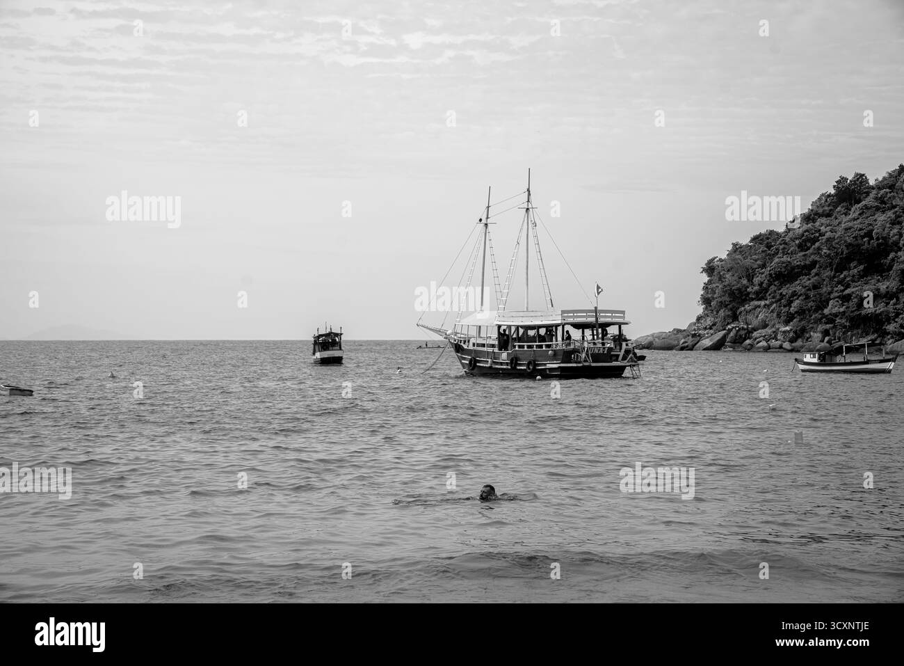 Traditionelle Fischerboote und ein Ausflugsschiff, das an einem bewölkten Tag in der Nähe der Küste vor Anker liegt, wobei die Menschen an Deck in Schwarz-weiß sichtbar sind Stockfoto