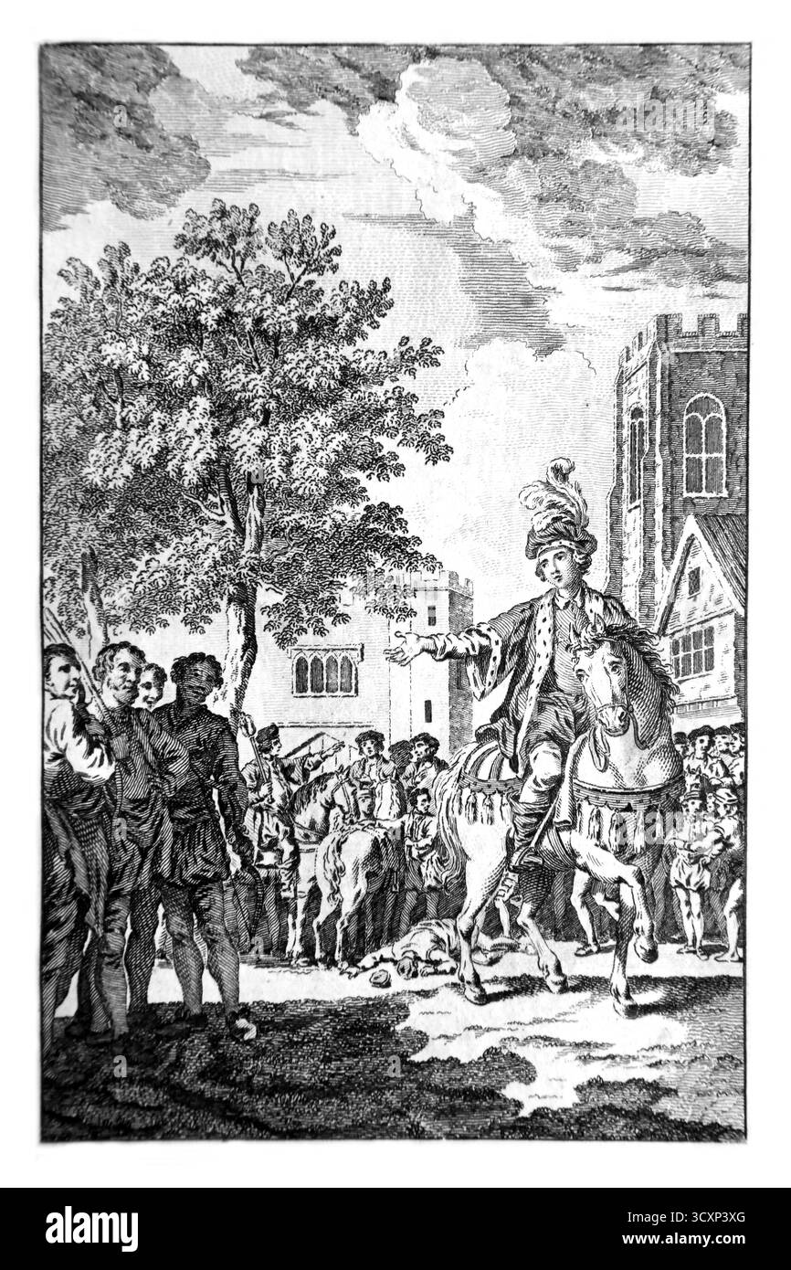 Illustration des 14-jährigen Königs Richard II., der die Rebellen über den Tod von Wat Tyler in Smithfield beschwichtigt, nachdem während der Verhandlungen Gewalt ausbrach Stockfoto