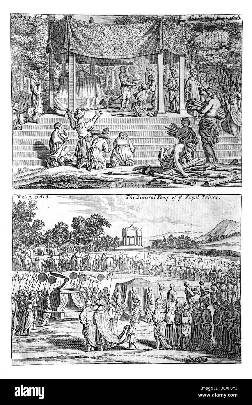 Antike Illustration des Begräbnisses eines königlichen Prinzen um 1750 Stockfoto