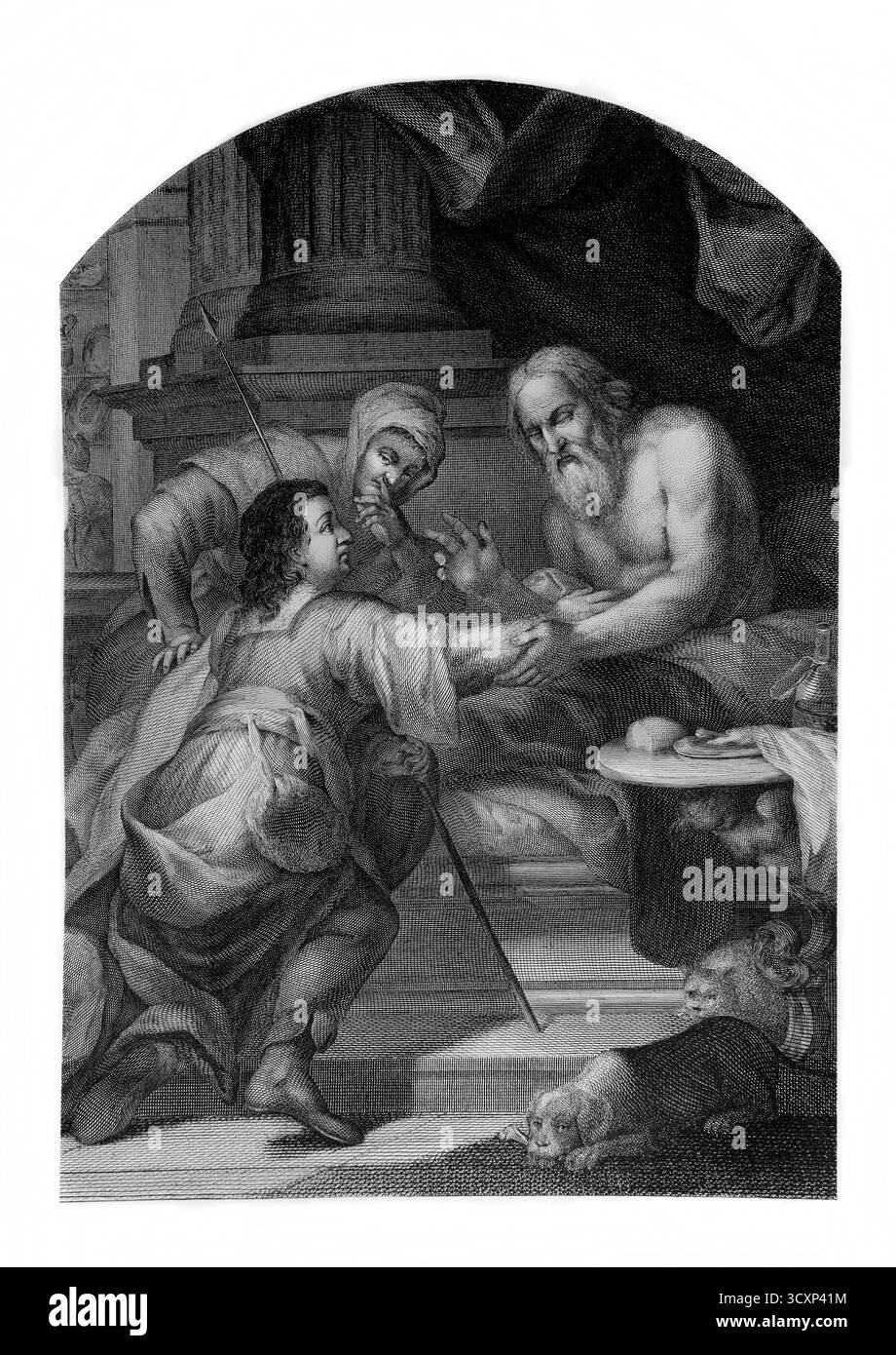 Illustration von Isaak Segen Jakob - Rebekah und Jakobs Täuschung von Isaak (Genesis) aus dem 19. Jahrhundert die selbstinterpretierende Familienbibel William M. Stockfoto