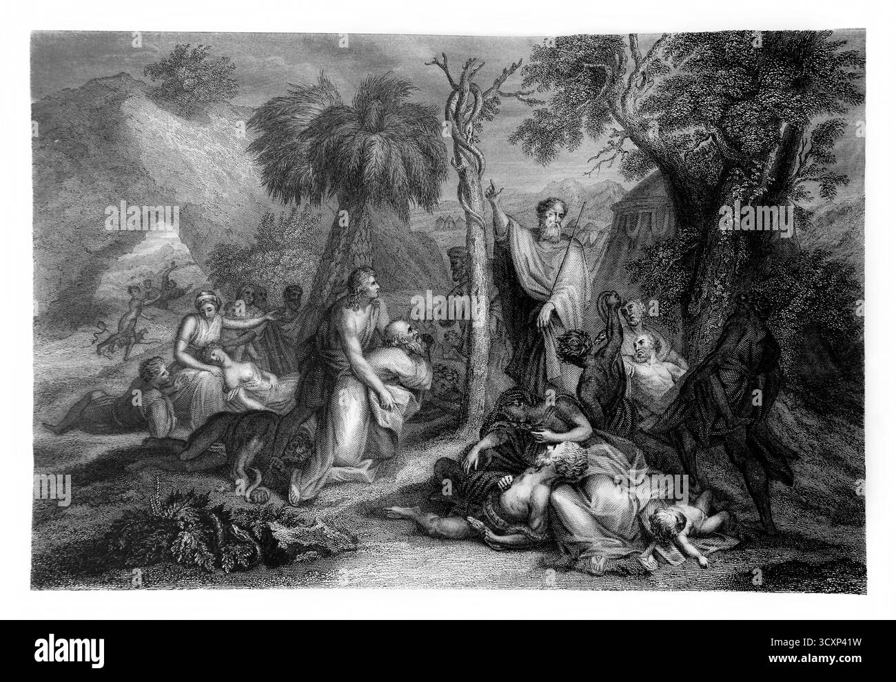 Illustration von Moses, der die Brazner Schlange hochhält, damit die Israeliten, die von den feurigen Schlangen gebissen worden waren, sie sehen und geheilt werden konnten Stockfoto