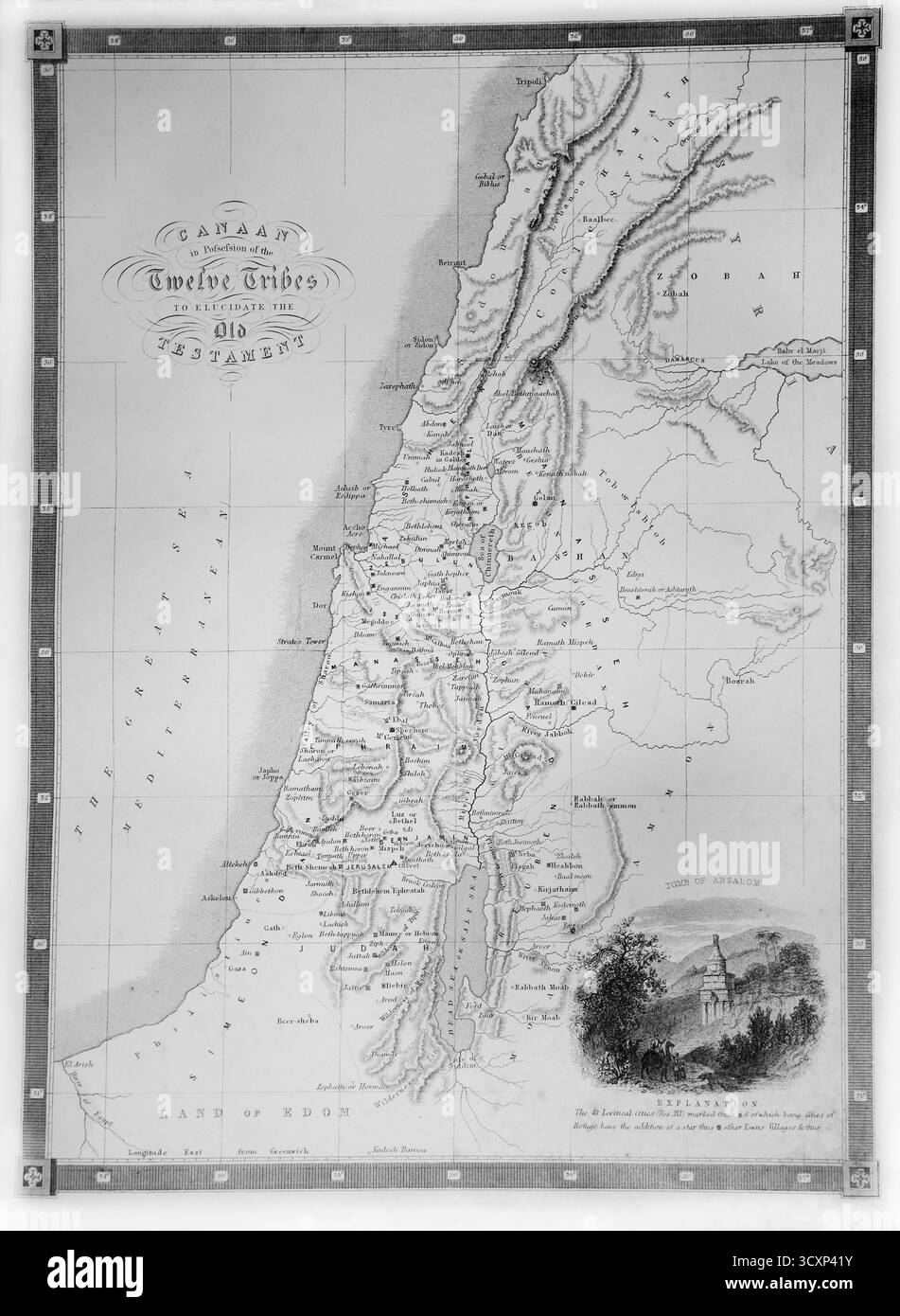 Karte von Kanaan, die die zwölf Stämme zeigt, um das Alte Testament aus dem 19. Jahrhundert der selbstinterpretierenden Familienbibel William Mackenzie Pu zu erklären Stockfoto