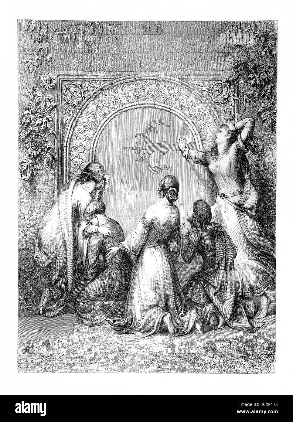 Illustration der fünf törichten Jungfrauen, die den Bräutigam treffen wollten, nahmen sie nur die Lampen, als der Bräutigam kam, die törichten fünf r Stockfoto