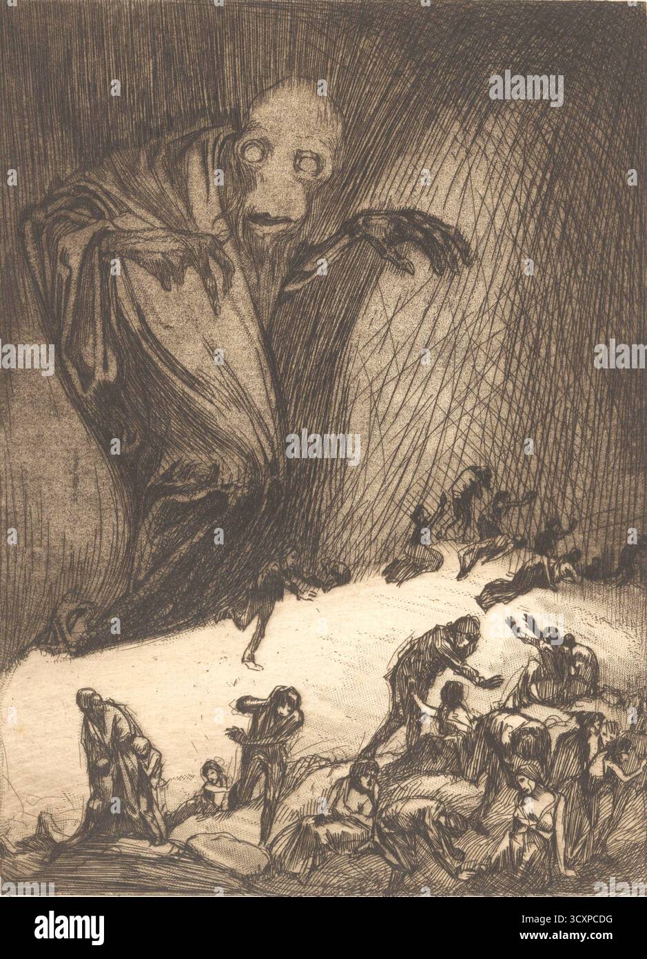 Johannes Josephus Aarts – Monster mit Menschen auf der Flucht – zeigt eine monströse Figur mit hohlen Augen und einem fließenden Gewand, die über einer Schar von Menschen thront, die vor Angst davonlaufen. Einige der Menschen in der Menge werden gezeigt, wie sie ihre Arme in einer Geste der Angst oder Bittgabe heben. Das Kunstwerk ist ein Druck auf handgemachtem japanischem Papier. Der Stil der Ätzung wurde mit dem Werk des spanischen Malers und Druckers Francisco Goya verglichen, insbesondere mit seiner Serie Los Caprichos, die auch satirische und fantastische Bilder von Monstern und Sozialkritik enthält. Stockfoto