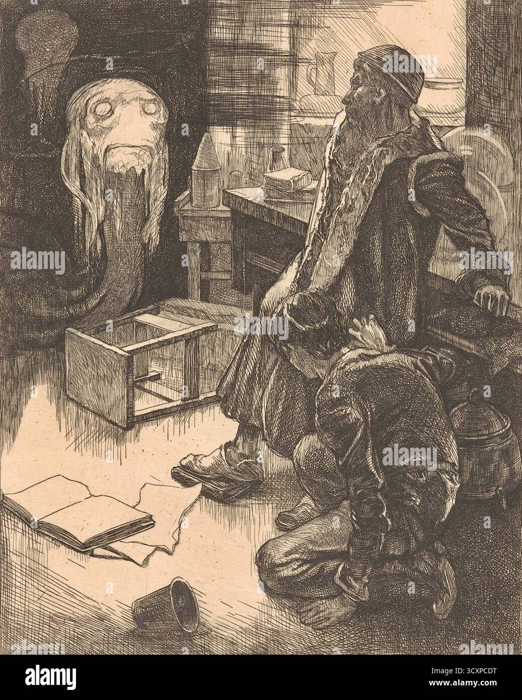 Johannes Josephus Aarts – zwei Männer und ein Monster in einem Arbeitszimmer – stellt einen bärtigen Mann in einem Mantel dar, der auf einen Schreibtisch gestützt ist, während ein kniender Mann zu ihm aufblickt. Zu ihrer Linken liegt ein monströses Wesen mit hohlen Augen und einem schlangenähnlichen Körper auf dem Boden neben einem umgedrehten Hocker und einem offenen Buch. Die Szene soll eine Illustration für die Geschichte von Faust sein, mit den Charakteren von Faust, seinem Assistenten Wagner und dem Dämon Mephistopheles. Stockfoto