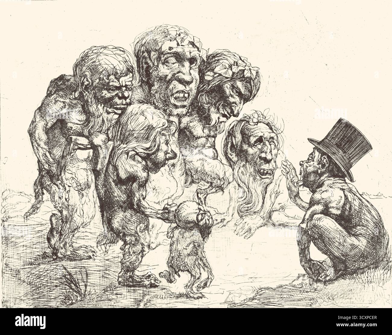 Johannes Josephus Aarts – Sieben Monster – Thema: Im Mittelpunkt steht eine Gruppe haariger, monströser Kreaturen mit unverhältnismäßig großen Köpfen und verzerrten Merkmalen. Eine der Figuren ganz rechts ist kleiner und trägt einen Hut, während sie sich in die Hocke und Gesten zu den anderen bewegt. Zusammensetzung: Die Figuren sind in einer Gruppe angeordnet, wobei die größeren stehen und die kleinere, gehütete neben der Hauptgruppe knien. Eine der größeren Figuren scheint eine kleine, kindliche Kreatur zu halten. Stockfoto