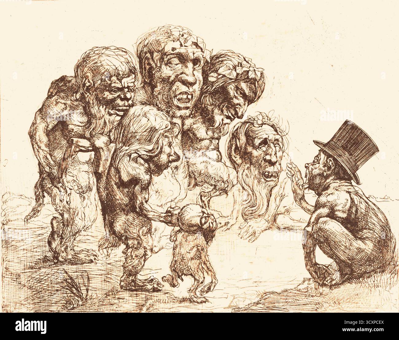 Johannes Josephus Aarts – Sieben Monster – Thema: Im Mittelpunkt steht eine Gruppe haariger, monströser Kreaturen mit unverhältnismäßig großen Köpfen und verzerrten Merkmalen. Eine der Figuren ganz rechts ist kleiner und trägt einen Hut, während sie sich in die Hocke und Gesten zu den anderen bewegt. Zusammensetzung: Die Figuren sind in einer Gruppe angeordnet, wobei die größeren stehen und die kleinere, gehütete neben der Hauptgruppe knien. Eine der größeren Figuren scheint eine kleine, kindliche Kreatur zu halten. Stockfoto