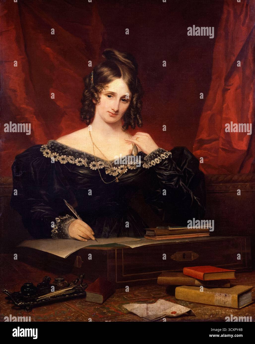 „Unknown Woman, früher bekannt als Mary Wollstonecraft Shelley“, Gemälde des britischen Künstlers Samuel John Stump (1778-1863) aus dem Jahr 1831, das ein halblanges Porträt einer Frau zeigt, die an einem Schreibtisch sitzt, in einem schwarzen Satinkleid mit weißer Spitze gekleidet ist, eine Feder in der rechten Hand und ein goldenes Medaillon in der linken Hand hält. Stockfoto