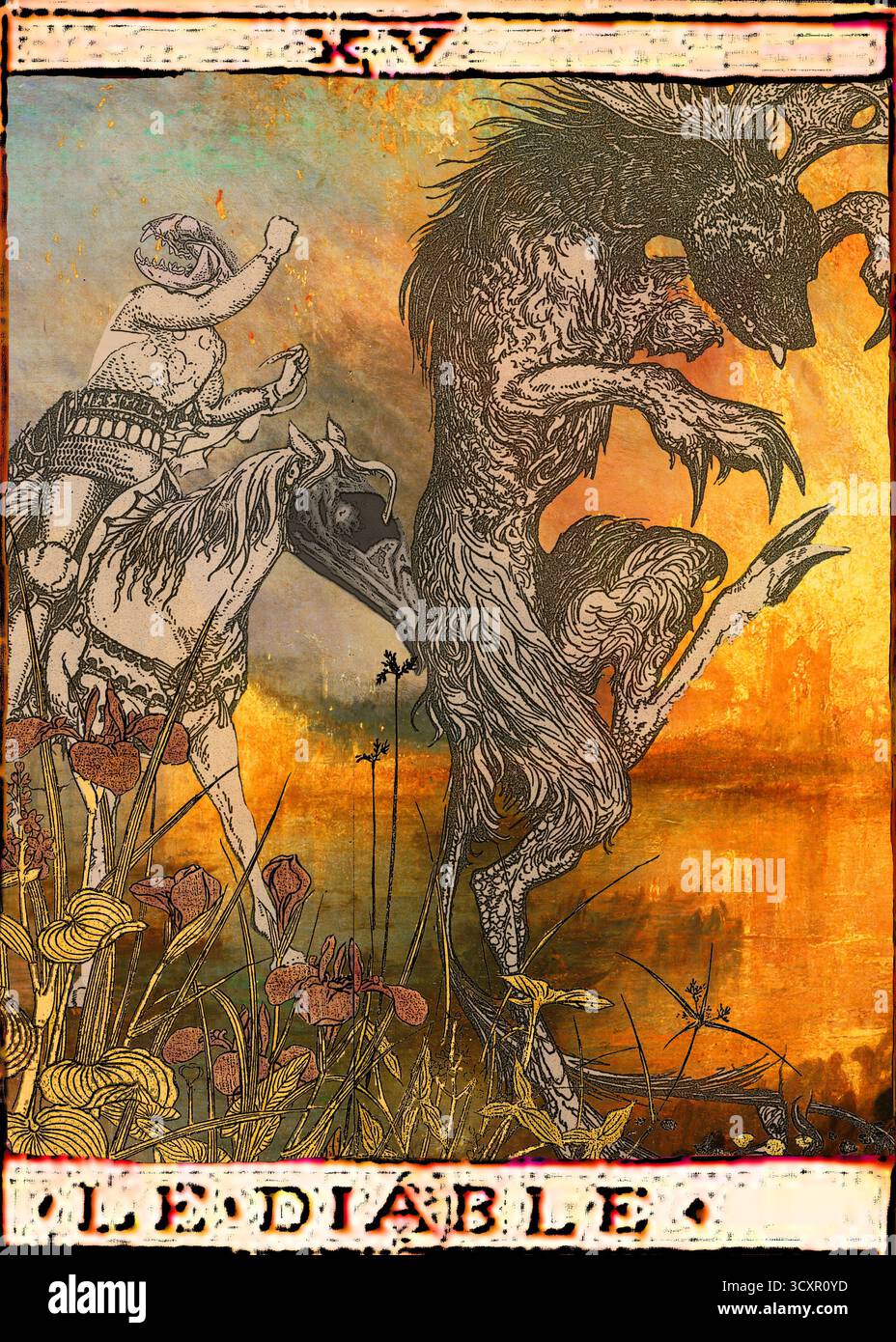 Surreale digitale Collage der Teufelstarotkarte, die einen Dämon zeigt, der mit dem Tod auf einem blassen Pferd tanzt, inmitten von Turners brennendem Inferno. Stockfoto