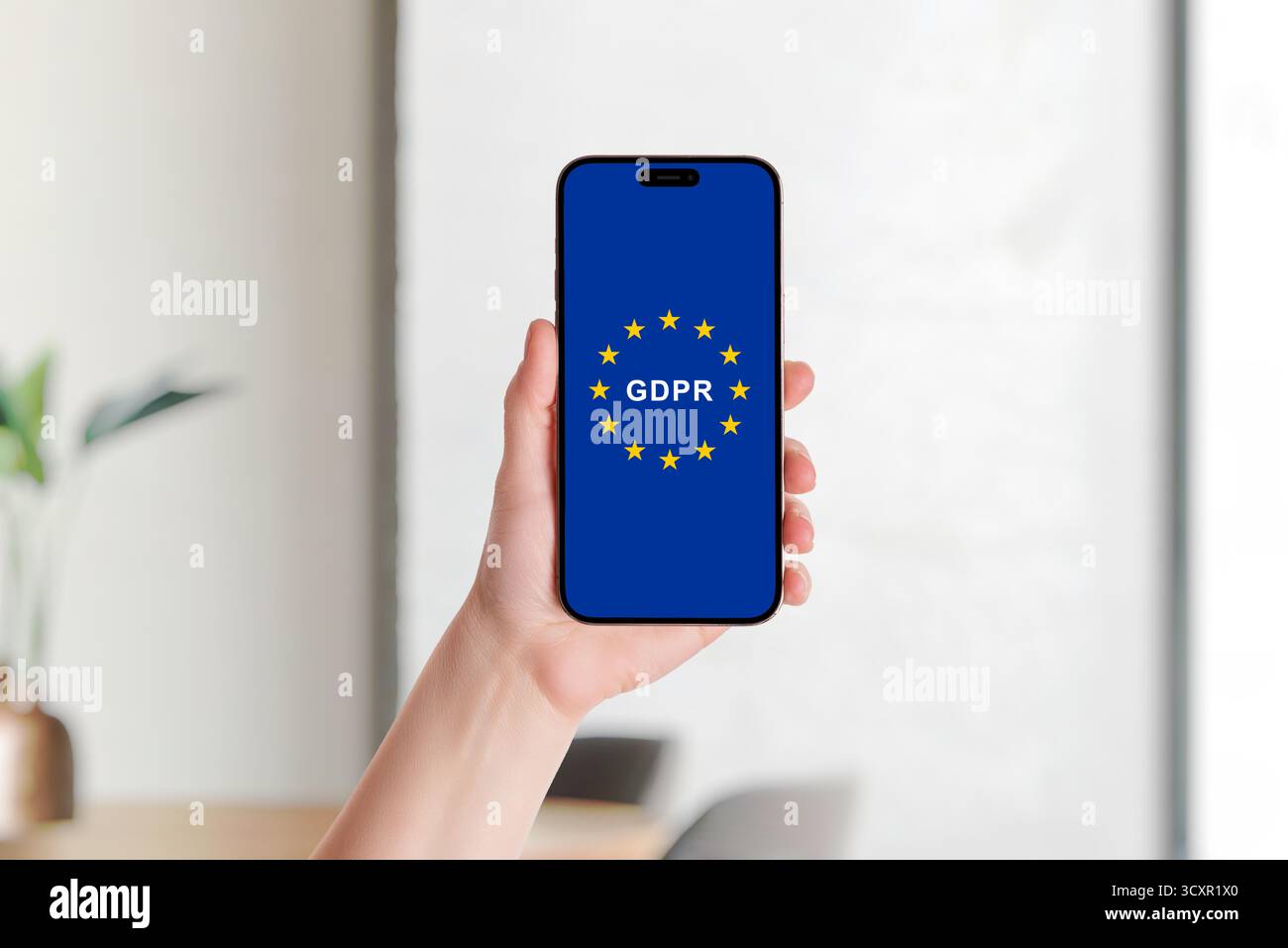 Handheld-Smartphone mit EU-Flagge und DSGVO-Logo als Symbol für Datenschutz, Datenschutzrechte und europäische digitale Vorschriften Stockfoto